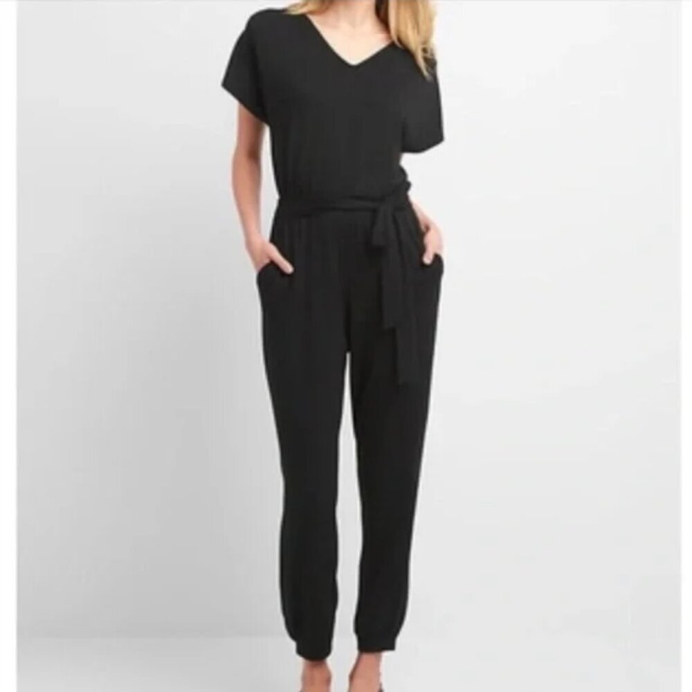 GAP Women Black Softspun‎ V-Neck Short Sleeve Jogger Jumpsuit XS Loungewear NEW